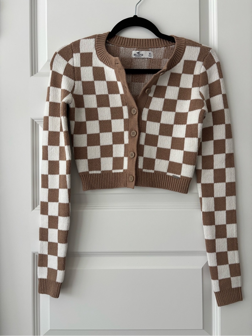 Hollister Tan and White Checkerboard Cropped Cardigan XS NWT